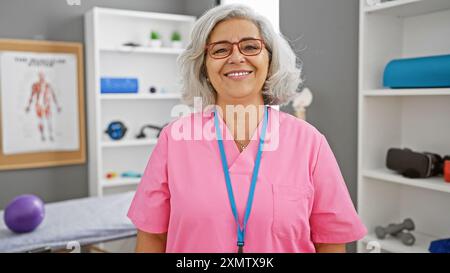 Eine lächelnde, reife Frau in rosafarbenen medizinischen Peelings steht zuversichtlich drinnen in einer Reha-Klinik. Stockfoto