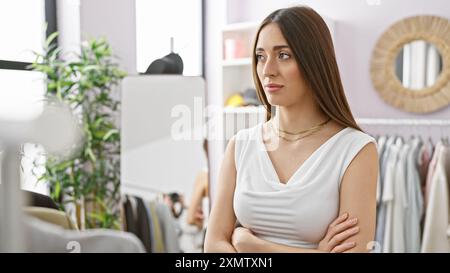 Eine nachdenkliche Frau, elegant gekleidet, Arme überkreuzt, in einem hellen Kleiderladen. Stockfoto