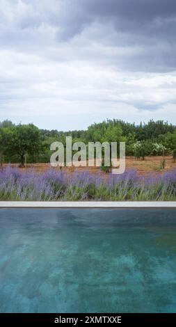 Ruhige Außenszene auf mallorca, spanien, mit einem ruhigen Pool, einem üppigen Garten mit Lavendelblumen und bewölktem Himmel. Stockfoto