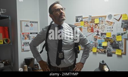 Seriöser reifer Mann, ein Detective in einer Polizeiabteilung, analysiert die Beweisaufnahme in einem Innenraum. Stockfoto