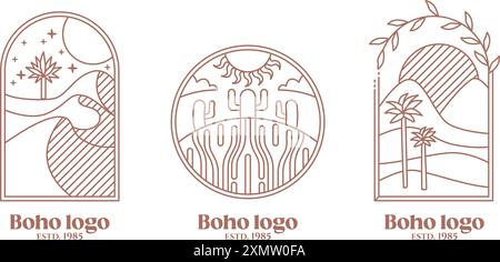 Set Desert Oasis Khaki Boho Logo Set. Kakteen. Ästhetische Ikone der Sandlandschaft. Abbildung des Rohvektors auf weißem Hintergrund in Linienart isoliert. Stock Vektor