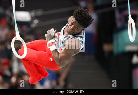 Paris, Ile de France, Frankreich. Juli 2024. Frederick Richard (USA) tritt am Montag, 29. Juli 2024 in Paris auf den Ringen während der Olympischen Sommerspiele 2024 in der Arena Bercy auf (Foto: © Paul Kitagaki, Jr./ZUMA Press Wire) NUR ZUR REDAKTIONELLEN VERWENDUNG! Nicht für kommerzielle ZWECKE! Stockfoto