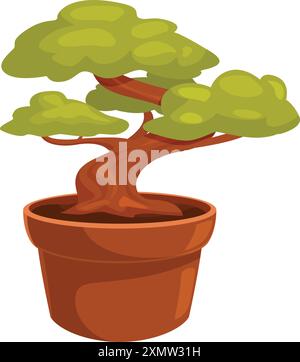 Kleiner Bonsaibaum mit einem dicken, gekrümmten Stamm, der in einem Tontopf wächst Stock Vektor