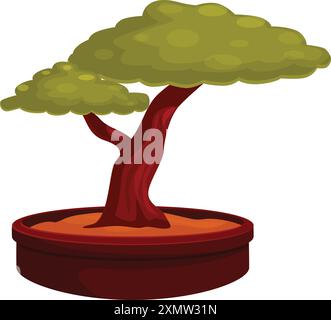 Kleiner Bonsaibaum mit einem dicken, gekrümmten Stamm, der in einem Tontopf wächst Stock Vektor