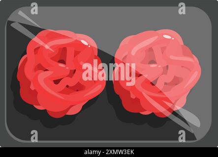 Frisches rohes Hackfleischkotelett auf schwarzem Kunststofftablett, Lebensmittelverpackung Stock Vektor