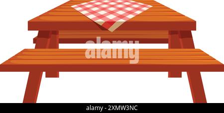 Picknicktisch aus Holz, bedeckt mit roter Gingham-Tischdecke auf weißem Hintergrund Stock Vektor