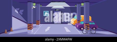Tiefgarage mit geparkten Autos, cctv-Kameras und Aufzugillustration Stock Vektor