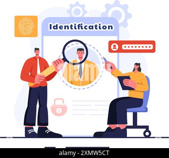 Identifikationsvektor-Illustration eines Personalausweises mit Foto, Dokument und Informationen in einem Face ID System auf einem flachen Cartoon Hintergrund Stock Vektor