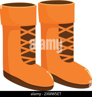 Ein Paar orangefarbene Gummistiefel mit braunen Schnürsenkeln, die auf weißem Hintergrund stehen Stock Vektor