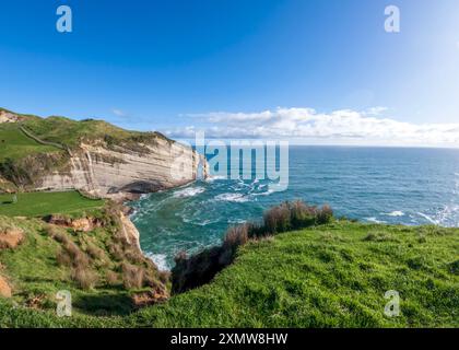 Puponga Hilltop Track Landschaft: Malerische Küstenwanderung mit Panoramablick auf Neuseelands Westküste, Cape Farewell und Tasmansee Stockfoto