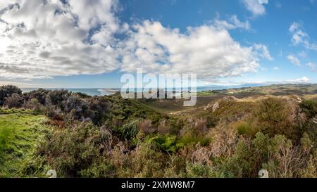 Puponga Hilltop Track Landschaft: Malerische Küstenwanderung mit Panoramablick auf Neuseelands Westküste, Cape Farewell und Tasmansee Stockfoto