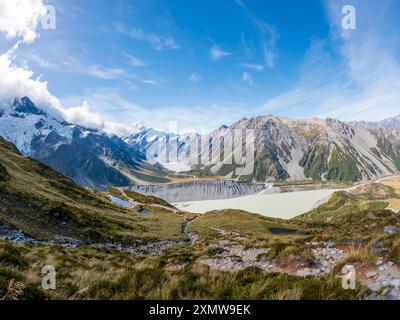 Atemberaubende Landscpe von der Muller Hut Route mit Mount Cook, Glacial Lake und Snowy Peaks im Aoraki/Mount Cook National Park, Neuseeland Stockfoto