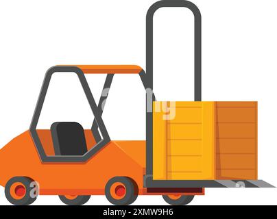 Illustration eines orangen Gabelstaplers mit einer großen Holzkiste Stock Vektor
