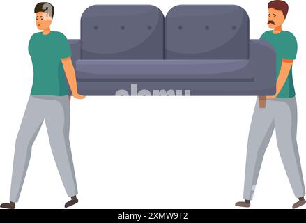 Zwei Spieler tragen sorgfältig ein großes Sofa und demonstrieren Teamwork und Kraft während eines Wohnzugs Stock Vektor