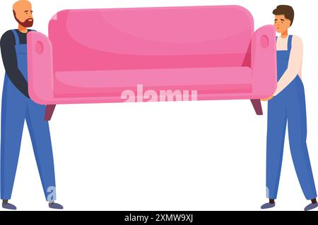Zwei Umzugswagen mit rosa Sofa, Lieferservice und Umzugskonzept Stock Vektor