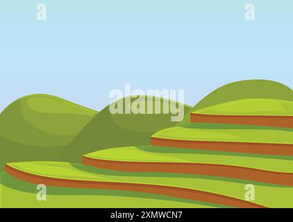 Cartoon-Landschaft mit bewirtschafteten Bauernhöfen, die Stufen auf sanften Hügeln bilden Stock Vektor