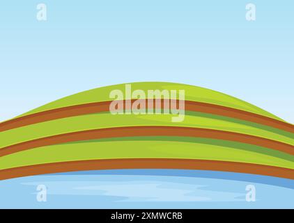 Ruhige Landschaft mit sanften grünen Hügeln, die sich bis zum Rand eines ruhigen blauen Sees hinunter unter unter einem ruhigen blauen Himmel hinabstürzen Stock Vektor