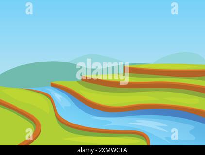 Blauer Fluss, der sich an einem sonnigen Tag durch grüne Reisfelder schlängelt Stock Vektor