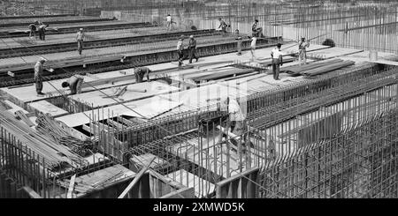 Bau des McCormick Place am Lake Michigan in Chicago im Januar 1960. Stockfoto