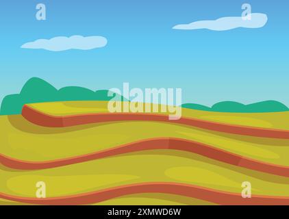 Wunderschöne Landschaft mit bewirtschafteten Feldern, die sich an sonnigen Tagen über sanfte Hügel erstrecken Stock Vektor