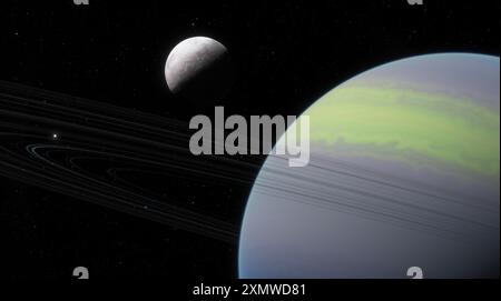 Großer, gasförmiger Planet mit Ringen, möglicherweise Saturn, mit einem kleinen Mond in der oberen linken Ecke. Hintergrund ist ein tiefer schwarzer Raum mit sichtbaren Sternen. 3D Stockfoto