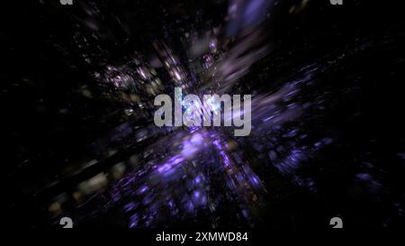 Abstrakte Lichtstreifen im digitalen Raum in violetten und blauen Tönen auf dunklem Hintergrund. 3D-Rendering Stockfoto