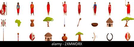Maasai-Symbole gesetzt. Afrikanische Stammesmitglieder tragen traditionelle Kleidung, stehen mit Speeren und Schilden, einer Reihe von kulturellen Objekten und Elementen Stock Vektor