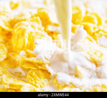 Milch, die in Cornflakes gegossen wird Stockfoto