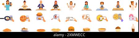 Mädchen, das Essen nimmt, Foto-Icons Set. Blogger und Influencer fotografieren verschiedene Gerichte mit ihrem Smartphone und kreieren ansprechende Inhalte für Lebensmittel Stock Vektor