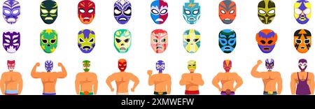 Mexikanische Luchador Masken Icons Set. Lucha libre Wrestler posieren und zeigen Muskeln mit bunten Masken auf weißem Hintergrund Stock Vektor