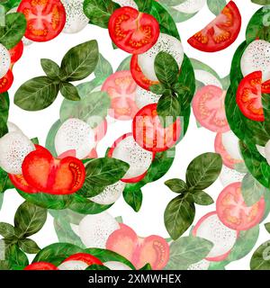 Nahtloses Muster frischer Zutaten aus Caprese-Salat: Reife Tomaten, saftiger Mozzarella und grüne Basilikumblätter. Digitale Kunst im Aquarellstil, auf weißem Hintergrund, zum Drucken auf Stoff und Papier. Stockfoto