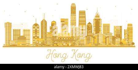 Skyline-Silhouette von Hong Kong China City mit goldenen Gebäuden isoliert auf weiß. Vektorabbildung. Stock Vektor