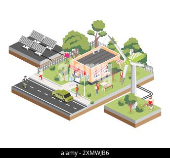 Isometrisches Apothekengebäude mit Solarpaneelen und Windkraftanlage. Grünes, umweltfreundliches Haus. Infografik-Element. Vektorabbildung. Grüne Bäume. Stock Vektor