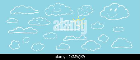 Set abstrakter Bleistiftwolken. Handgezeichneter Cartoon bewölkter Himmel und Sonne. Vektor-Illustration der Sammlung von weißem Wirbel auf blauem Hintergrund. Nachahmung von Stock Vektor