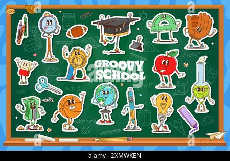 Schulpädagogik und Schreibwaren mit Aufklebern. Vektorflecken aus groovigem Globus, Apfel, Basketball, Winkelmesser, Glühbirne und Schere. Penci Stock Vektor