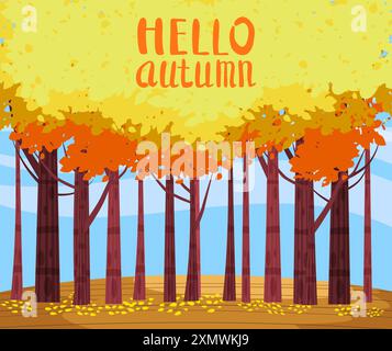 Herbstlandschaft, Herbstbäume mit gelben Blättern, einsame Bank Stock Vektor