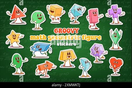 Groovige Mathefiguren-Aufkleber-Pack. Vektorsammlung von lebendigen geometrischen Figuren oder Gestalten vor grünem Hintergrund Stock Vektor