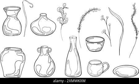 Blumen und Töpferwaren in der schwarzen weißen Vektor-Illustration des Satzes. Silhouette von Kanne und Topftinte handgezeichnet. Blumenarrangements, Pflanzenstiel und Ton Stock Vektor