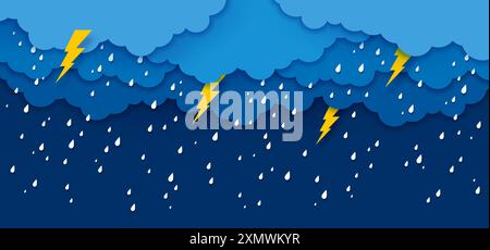 Papierschnitt Regenhimmel, Wolken mit Wassertropfen und Blitzen. Vektor Regen Wettervorhersage Hintergrund mit bewölktem Himmel und gelben Blitzen. Stürmisch Stock Vektor