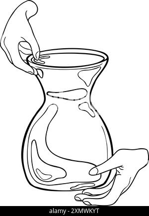 Frauenhände halten Tongeschirr Tinte Silhouette handgezeichnet. Zwei Hände machen einen Keramiktopf gemalt schwarz weiß Vektor Illustration. Töpfervase Stock Vektor