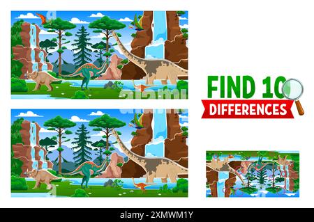 Entdecken Sie zehn Unterschiede zwischen prähistorischen Dinosaurierlandschaften mit üppigem Grün und Wasserfall. Vektor-Kinder-Spiel-Arbeitsblatt mit Cartoon-Dino-Charakter Stock Vektor