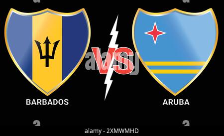 Barbados vs. Aruba Football Clash: Schwarzer Hintergrund und vs. Flags Face-Off Stock Vektor