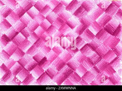 Hintergrund gefüllt mit Muster, die von Hand mit farbigen Bleistiften gezeichnet wurden. Quadrate in verschiedenen Farben wechseln ab. Verschiedene Rosa-Farbtöne. Jedes Quadrat hat einen Farbverlauf von hell zu dunkel. Abstraktion. Stockfoto