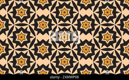 Abstrakte Fliesen, nahtloses geometrisches Muster mit schwarzen und orangefarbenen Sternen Stock Vektor