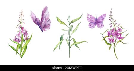 Feuerweed-Blumen. Blühender Sally. Schmetterlinge Einstellen. Illustration Der Aquarellskizze. Wildpflanzen. Designelemente für Teeprodukte, Postkarten, Heimtrikot Stockfoto