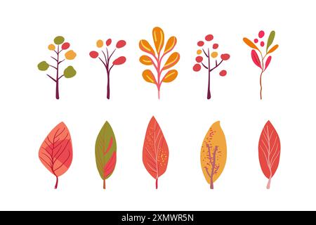 Herbstset. Volkspflanzen. Rosa, orange und gelbe Bäume. Einfache Zweige mit roten Beeren und Blättern auf weißem Hintergrund. Handgezeichnet. Isolierter Flachvektor Stock Vektor