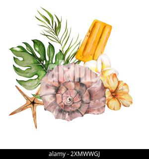 Summer Beach Arrangement. Shell, Seestern, Plumeria und Hibiskusblüten, Palmblätter, Eis. Aquarellabbildung. Für Reisebüros, Touris Stockfoto