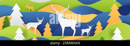 Hirsch in Waldlandschaft im Papierschnitt mit farbenfrohen Hügelbäumen und Hirsch-Silhouetten in leuchtenden Grün- und Gelbtönen Stock Vektor