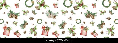 Nahtloses Muster von Weihnachtsneujahrskompositionen. Kranz, Kegel, Fichte Äste, Stechpalme, Weihnachtsstern, Geschenke. Aquarellabbildung. Für Verpackung P Stockfoto
