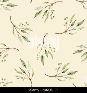 Nahtloses Muster mit grünen Eukalyptusblättern und grünen Beeren. Botanischer Naturdruck für Textildesign. Aquarell isolierte Illustration auf Licht Stockfoto